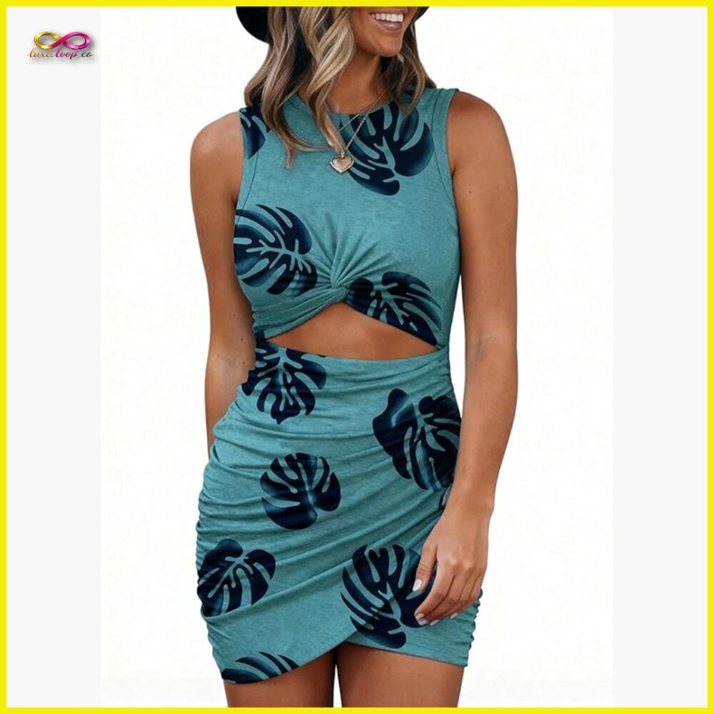 Sleeveless Bodycon Mini Dress Twist Knot Front Hollow Out Waist Club Party